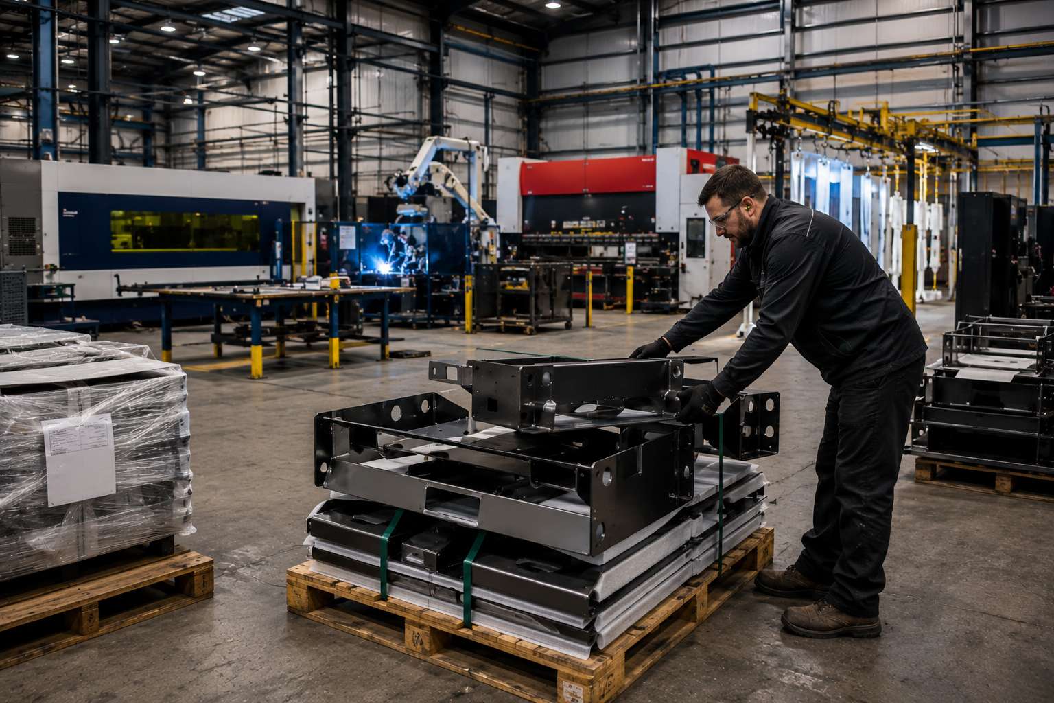 Worker stacking fabricated metal frames on a pallet in a factory